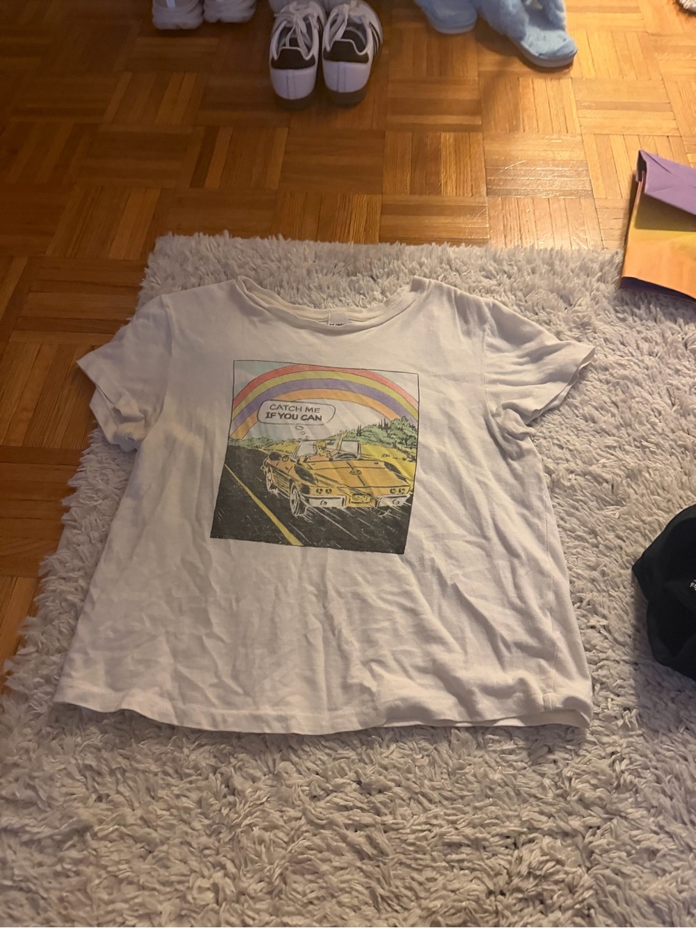 Re/Done White Tee with Yellow Car and Rainbow Graphic